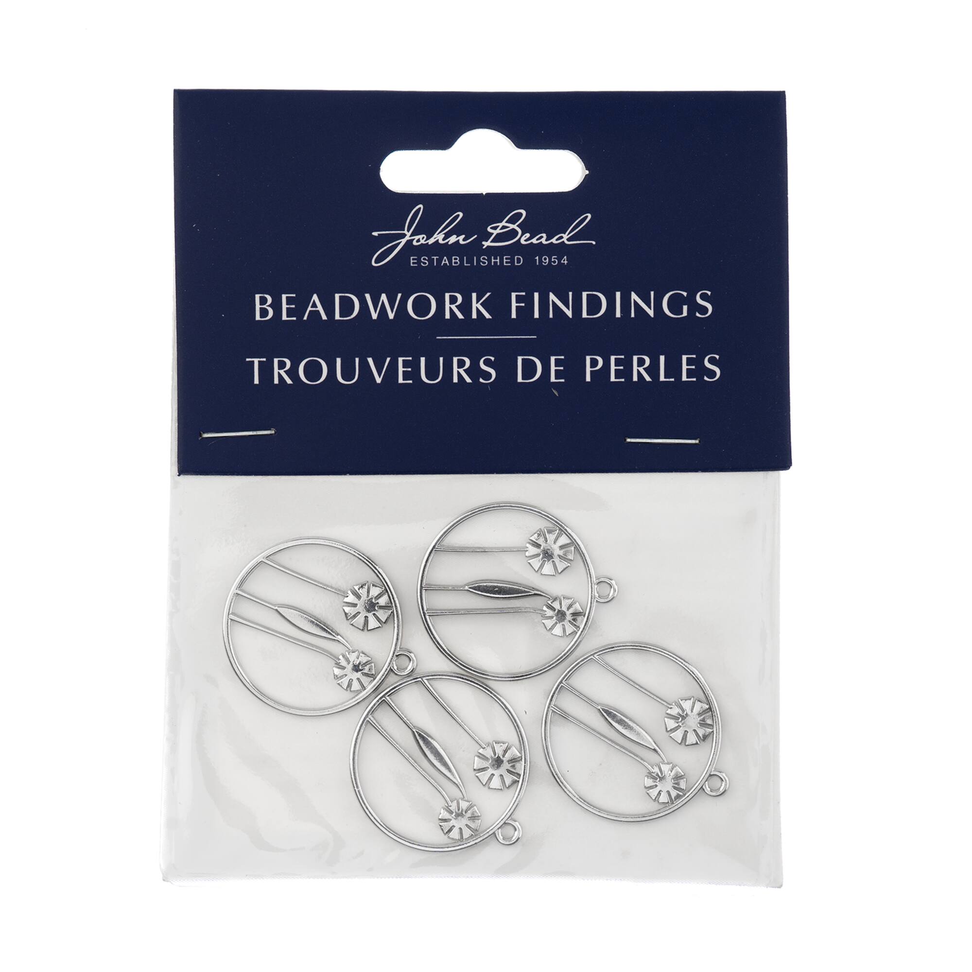 John Bead Silver Circle with Flowers Pendants, 4ct.